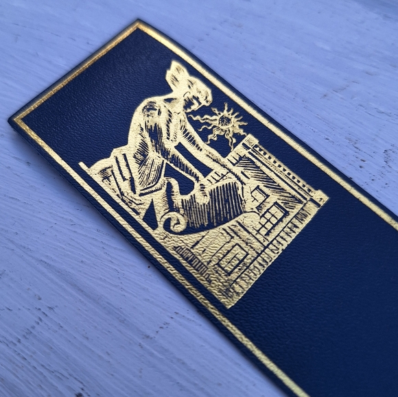 Genuine Leather Bookmark Gold Embossed Library Archive Fringed Blue - Picture 4 of 16